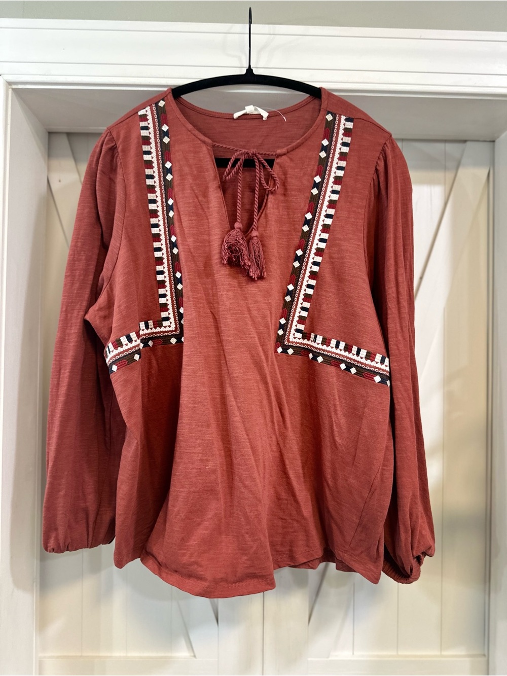 Bohemian Rust Tassel Peasant Top - Women's